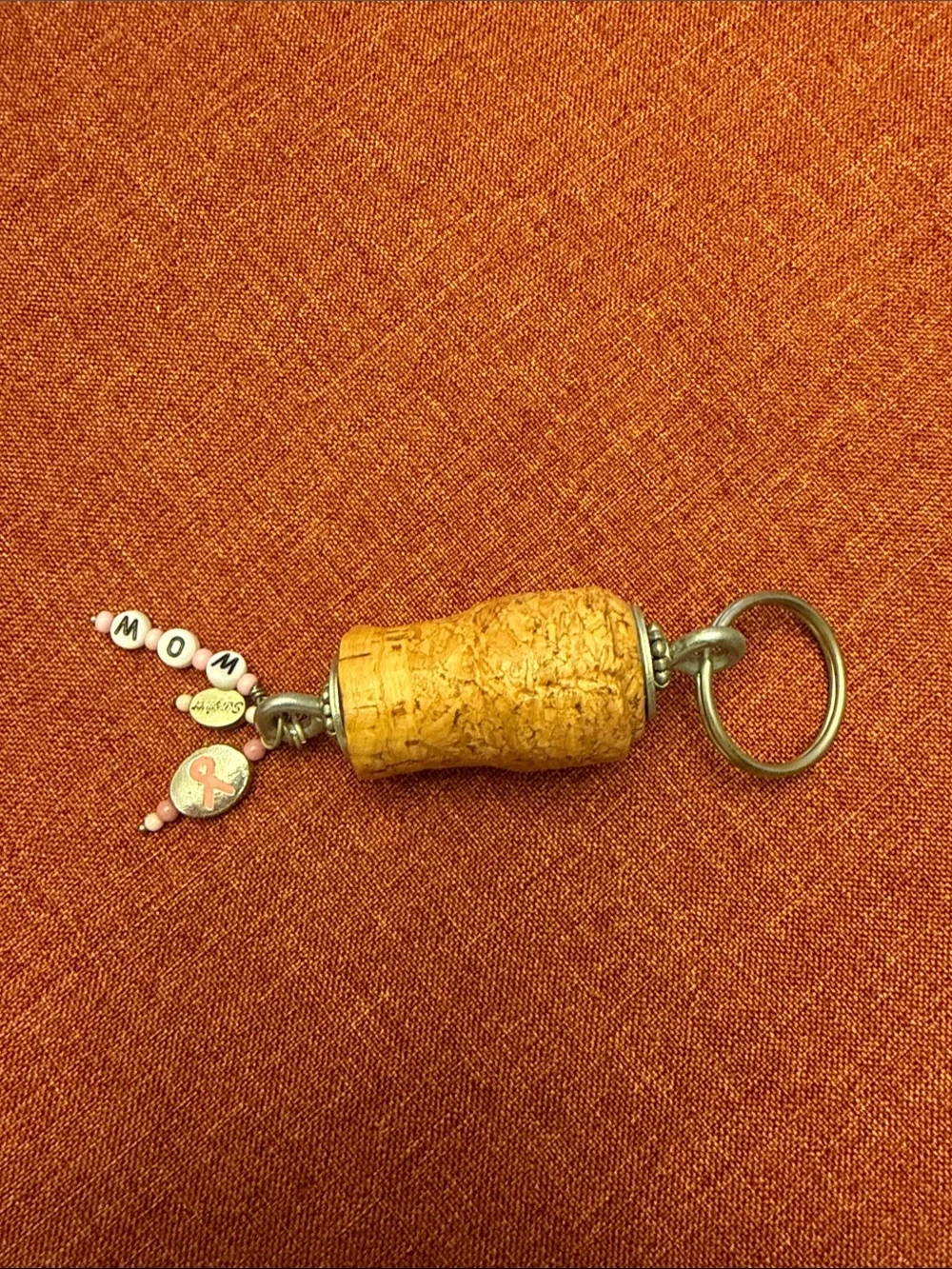 Cork Bottle Stopper Keychain with MOM Breast Cancer Survivor Charm